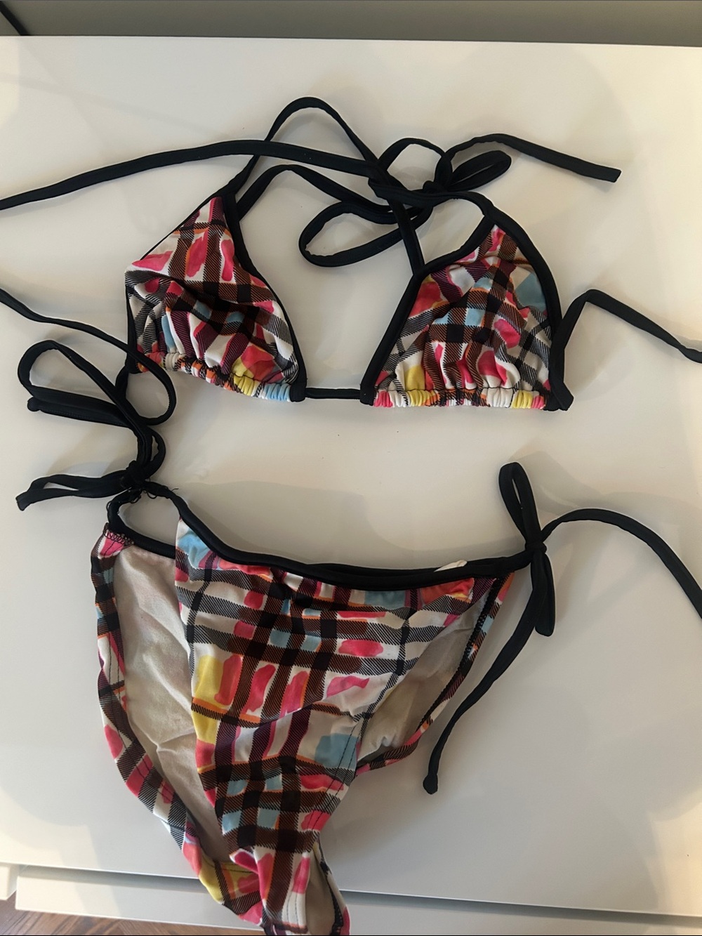 Burberry Multicolor Plaid Triangle String Bikini with Black Trim